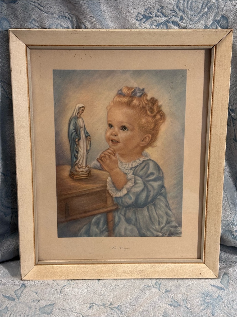 Framed Religious Wall Art - Child Praying in Blue